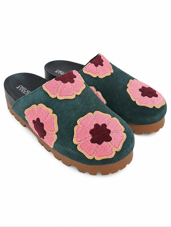 Chelsea & Violet Shoes - Chelsea & Violet Suede Evergreen Floral Platform Clogs, Embroidered Mules, Sz 8